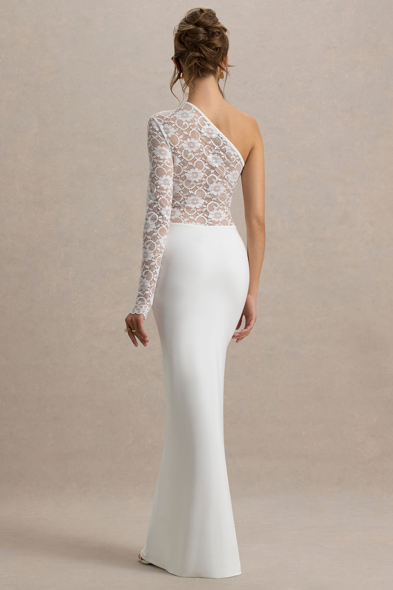 Moonlight White Asymmetric Maxi Dress With Lace Detailing – Club L