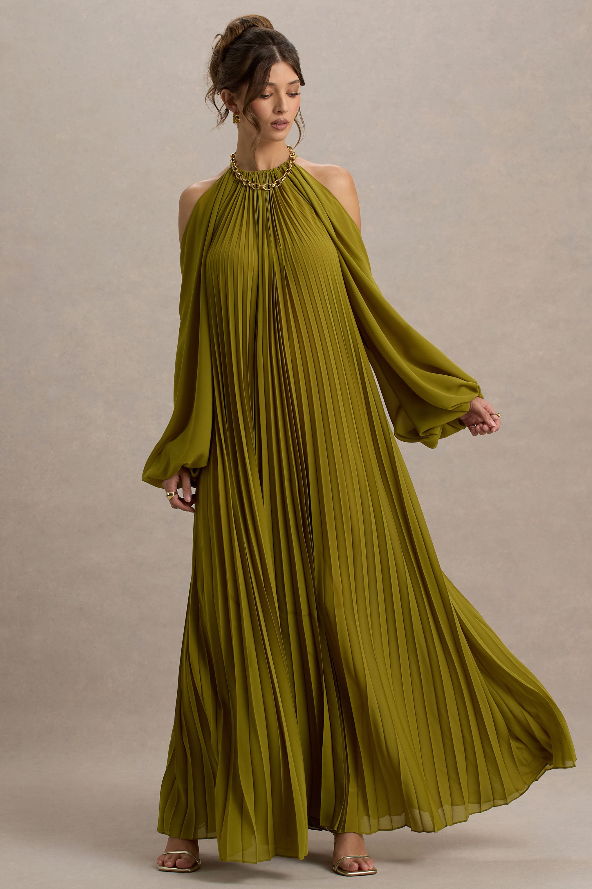 Reyna | Olive Pleated Chiffon Cold-Shoulder Maxi Dress – Club L London