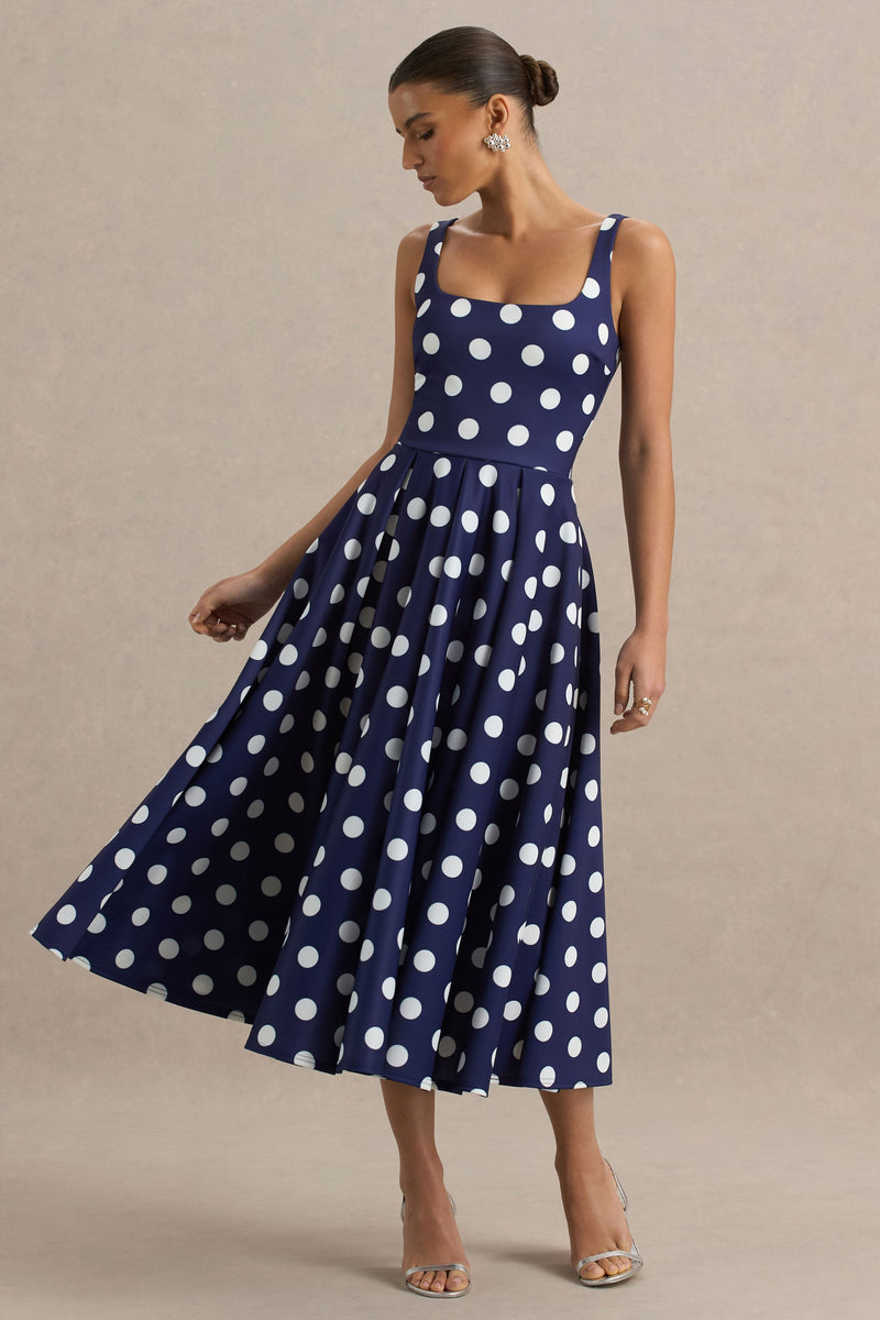 navy and white polka dot midi dress Berta | NAVY And White Polka-Dot Square-Neck Midi Dress