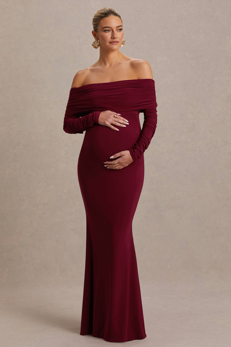 red off the shoulder maternity dress Odessa | Berry Bardot-Neck Maternity Maxi Dress