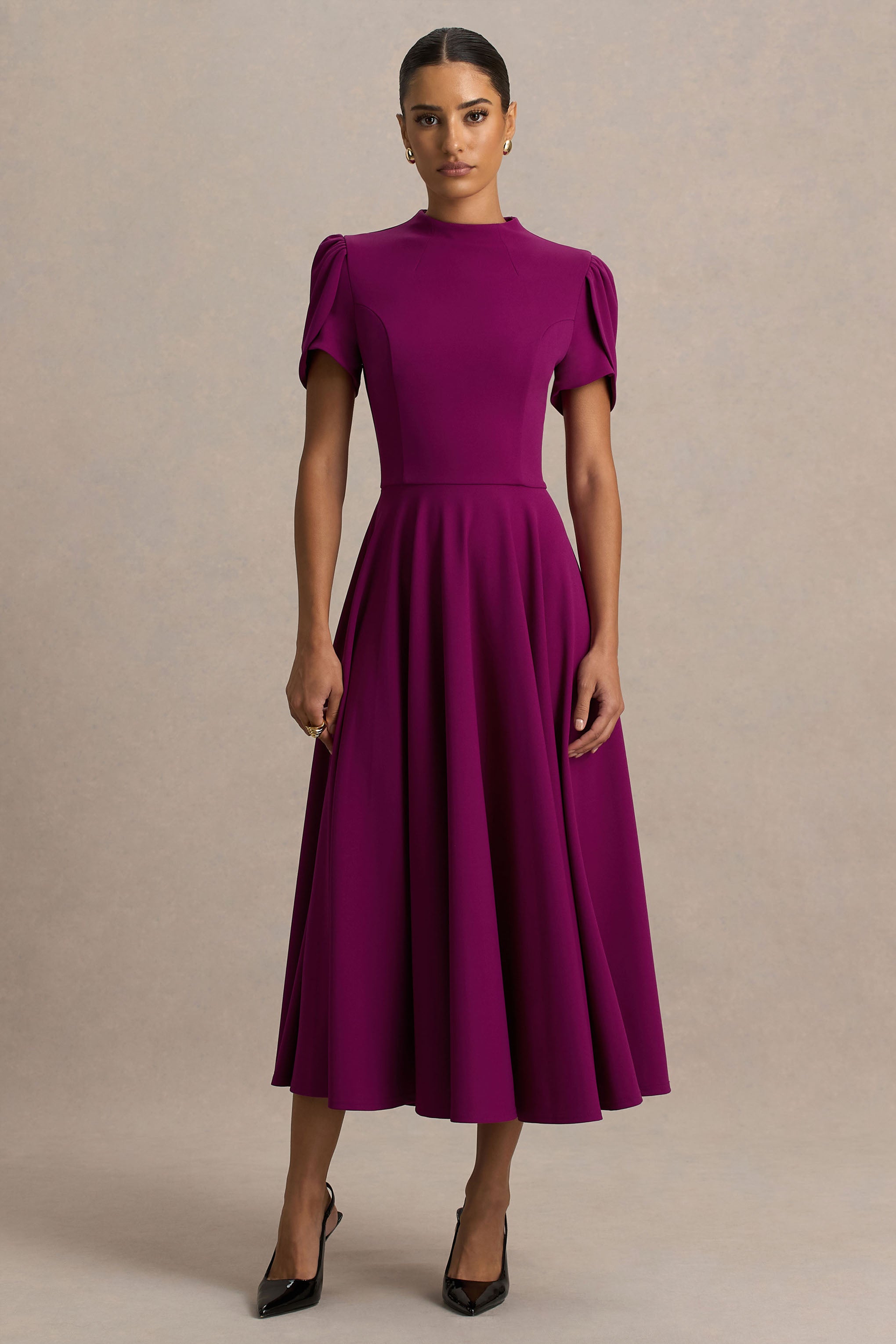 Vicky | Mulberry High Neck Midi Dress With Puff Sleeves – Club L London