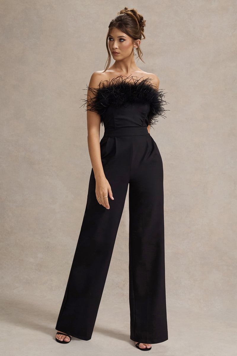 Delta Black Feather Bandeau Wide-Leg Jumpsuit – Club L London - USA