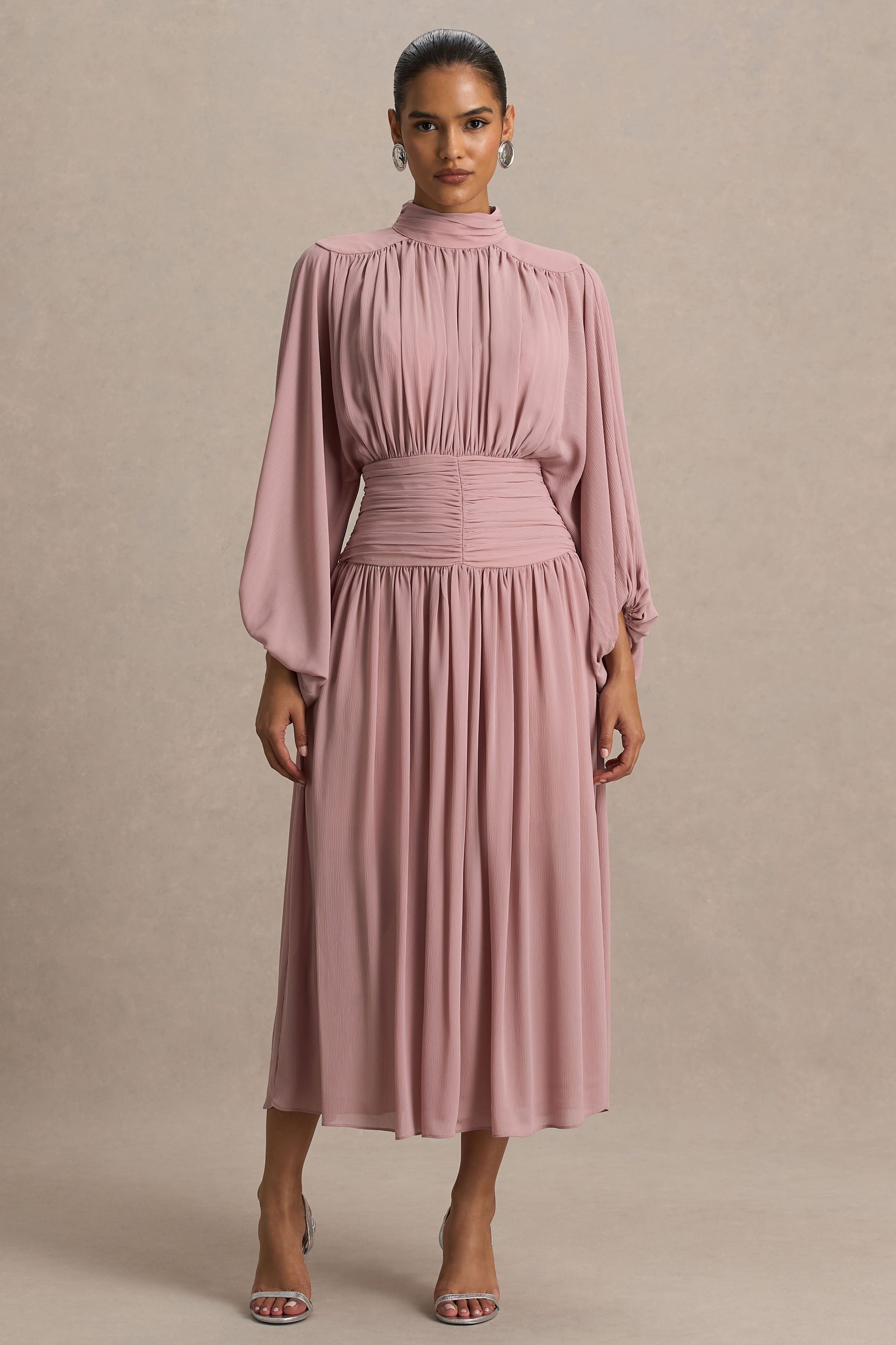 long sleeve pink dress midi Berylove Women Tweed Pink Work Dress A-Line Long Sleeve Midi Business  Casual Dress