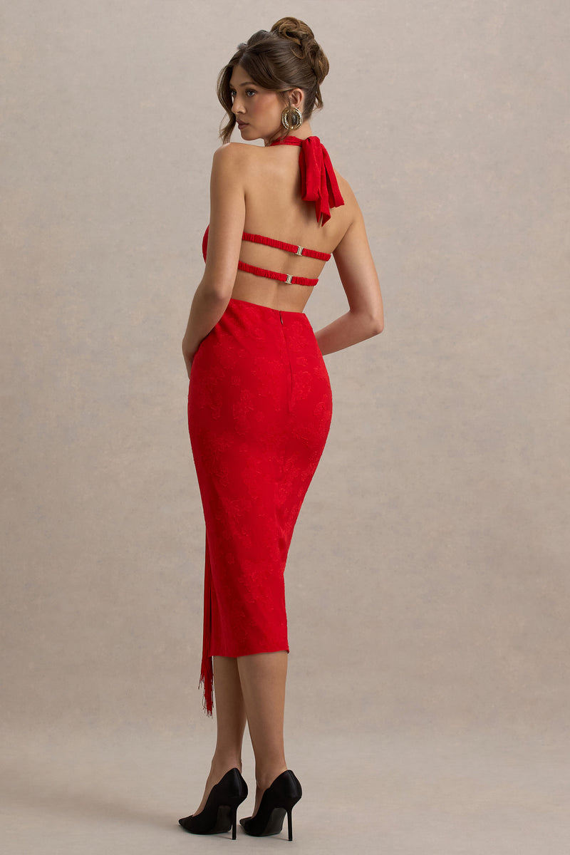 Auria Red Satin Devore Plunge-Neck Midi Dress With Fringe Details Club L London - USA Auria Red Satin Devore Plunge-Neck Midi Dress With Fringe Details Club L London - USA