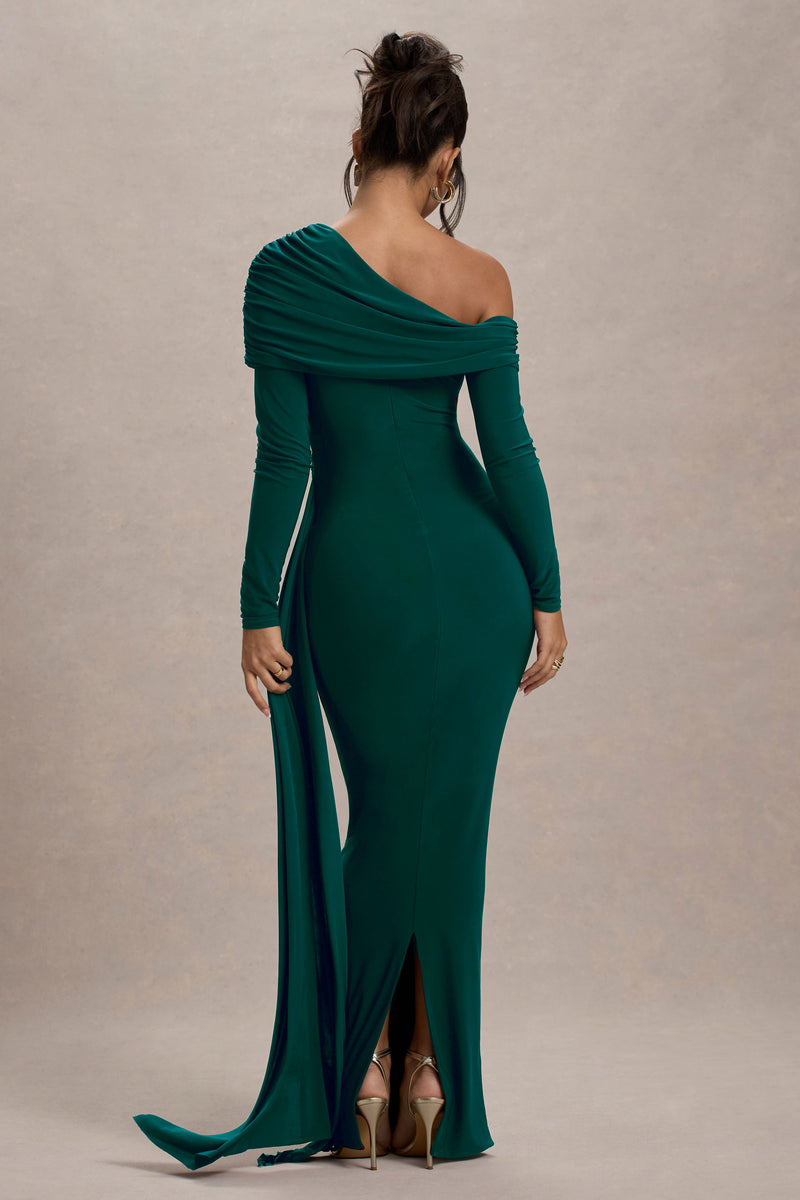 Valina | Green Ruched Asymmetric Maxi Dress With Drape - UK 6 bottle Green Valina | Green Ruched Asymmetric Maxi Dress With Drape - UK 6 bottle Green