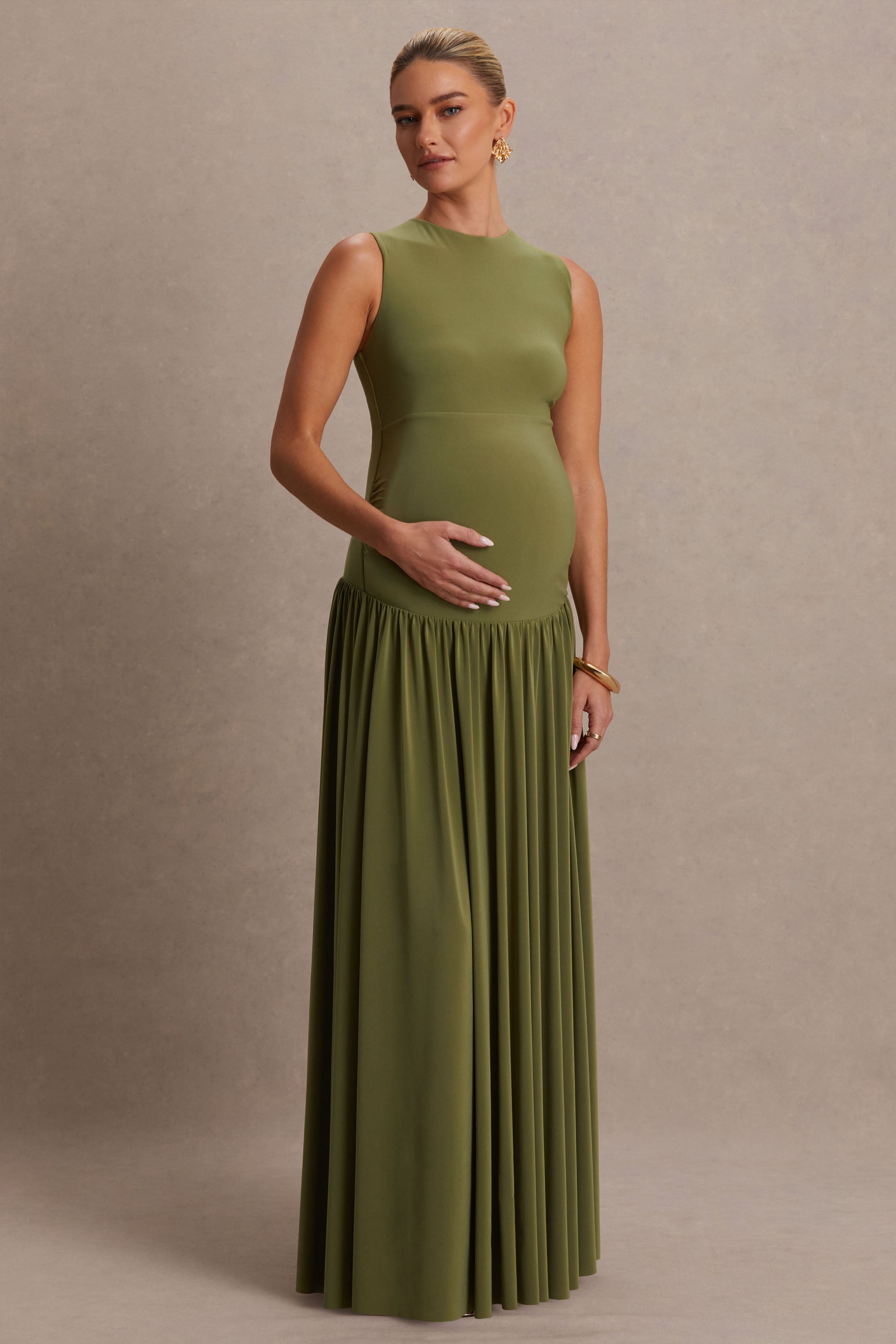 pleated maternity dress Summer Mae V-Neck Maxi youll look radiant and feel amazing! Outline | Olive Crew-Neck Maternity