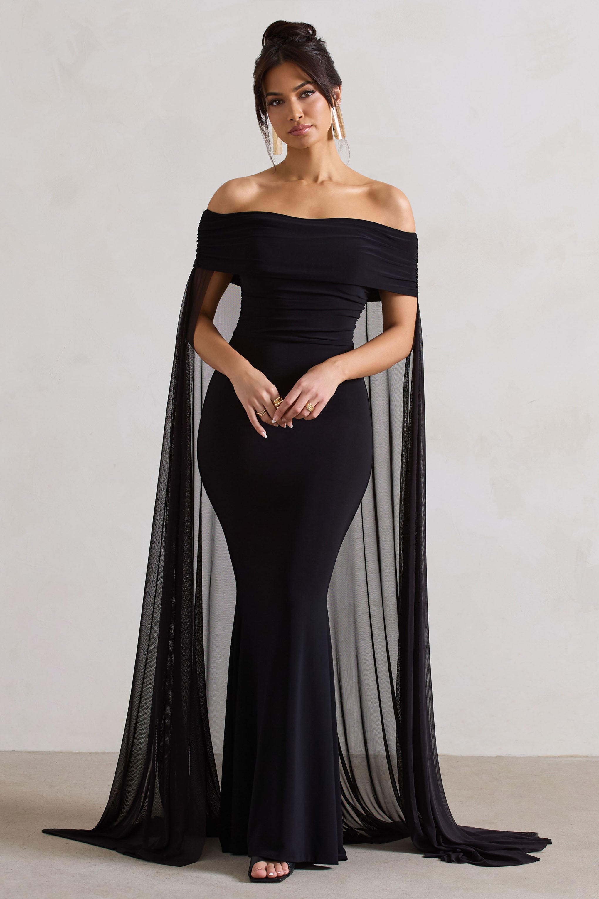 club l london black bardot dress Carlotta | Black Bardot Maxi Dress With Chiffon Cape – Club L London