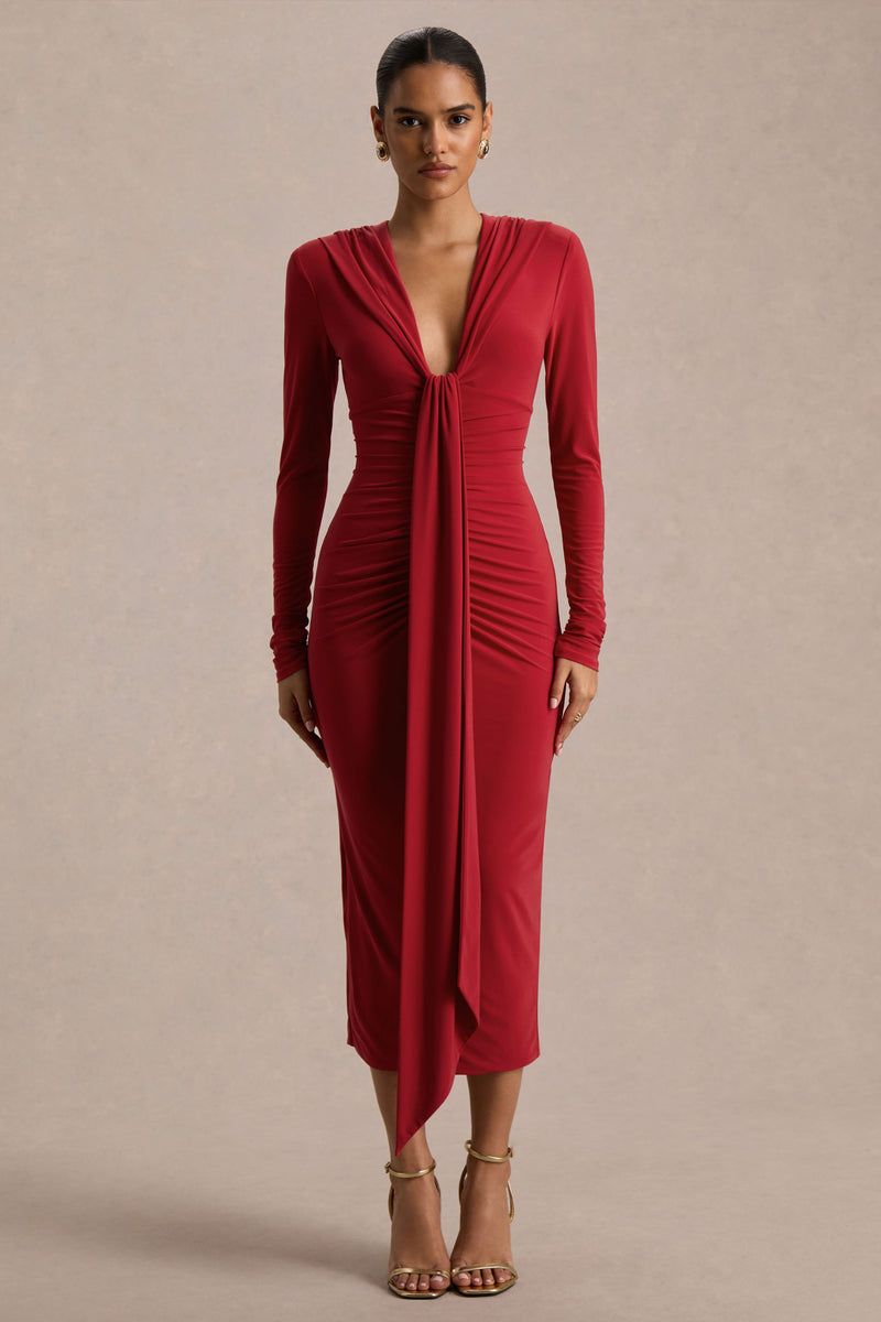 frederica plunge maxi dress red Ivara | Red Plunge-Neck Maxi Dress With Ruched Detailing And Sash