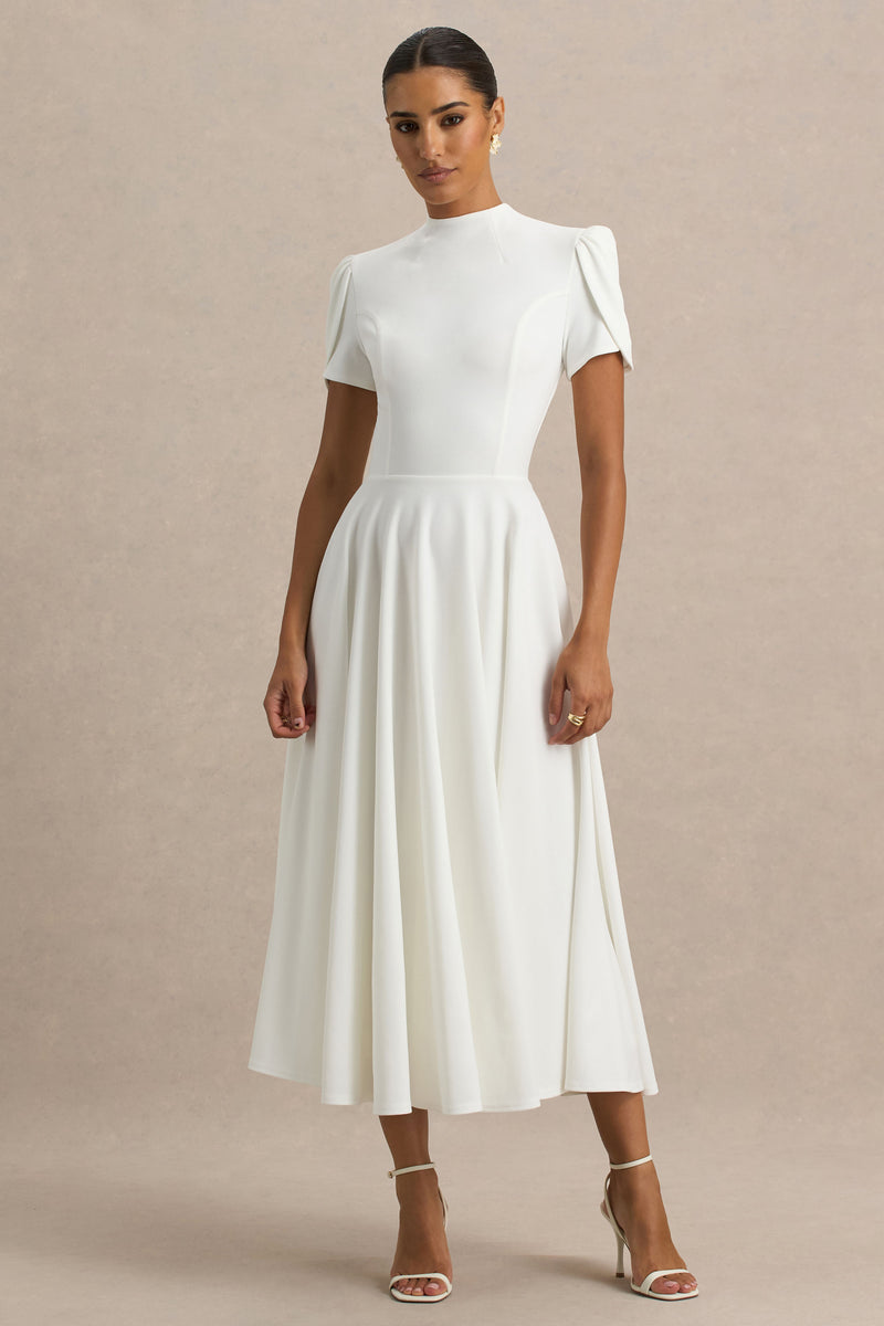 white long sleeve puff sleeve dress Vicky | White High Neck Midi Dress With Puff Sleeves