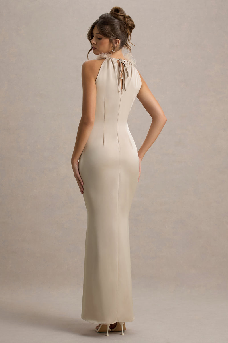 CLUB LONDON - Enchanting Champagne Sequin Open-Back Maxi Dress with Split (AU 14)