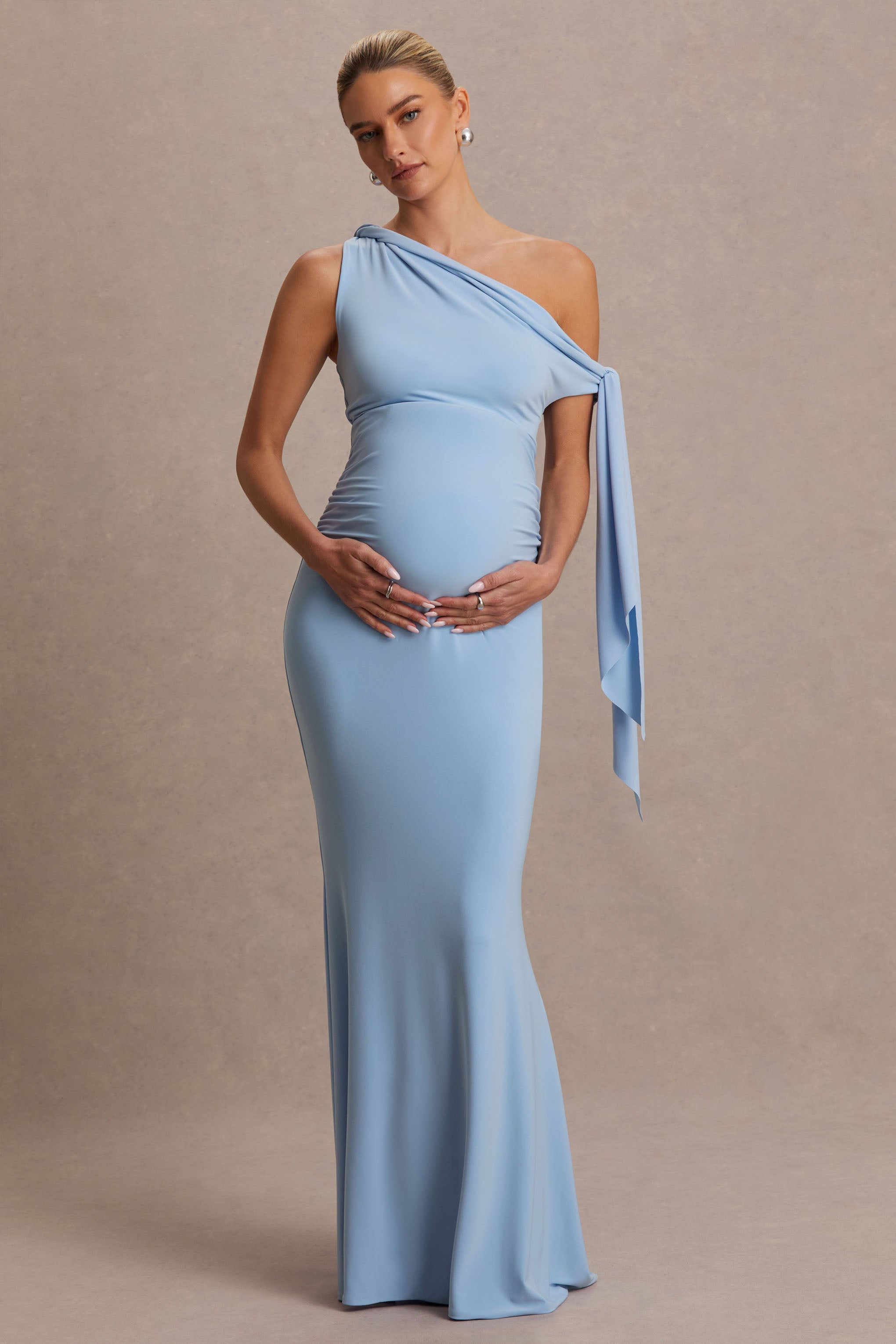 blue and pink maternity dresses Orielle | Powder Asymmetric-Neck Maxi Dress With Knot-Sleeve Sash Plus size is available PICK YOUR SHOE COLOR:Use Color Shown In Listing Picture PROM B. Darlin Formal 01-30-26