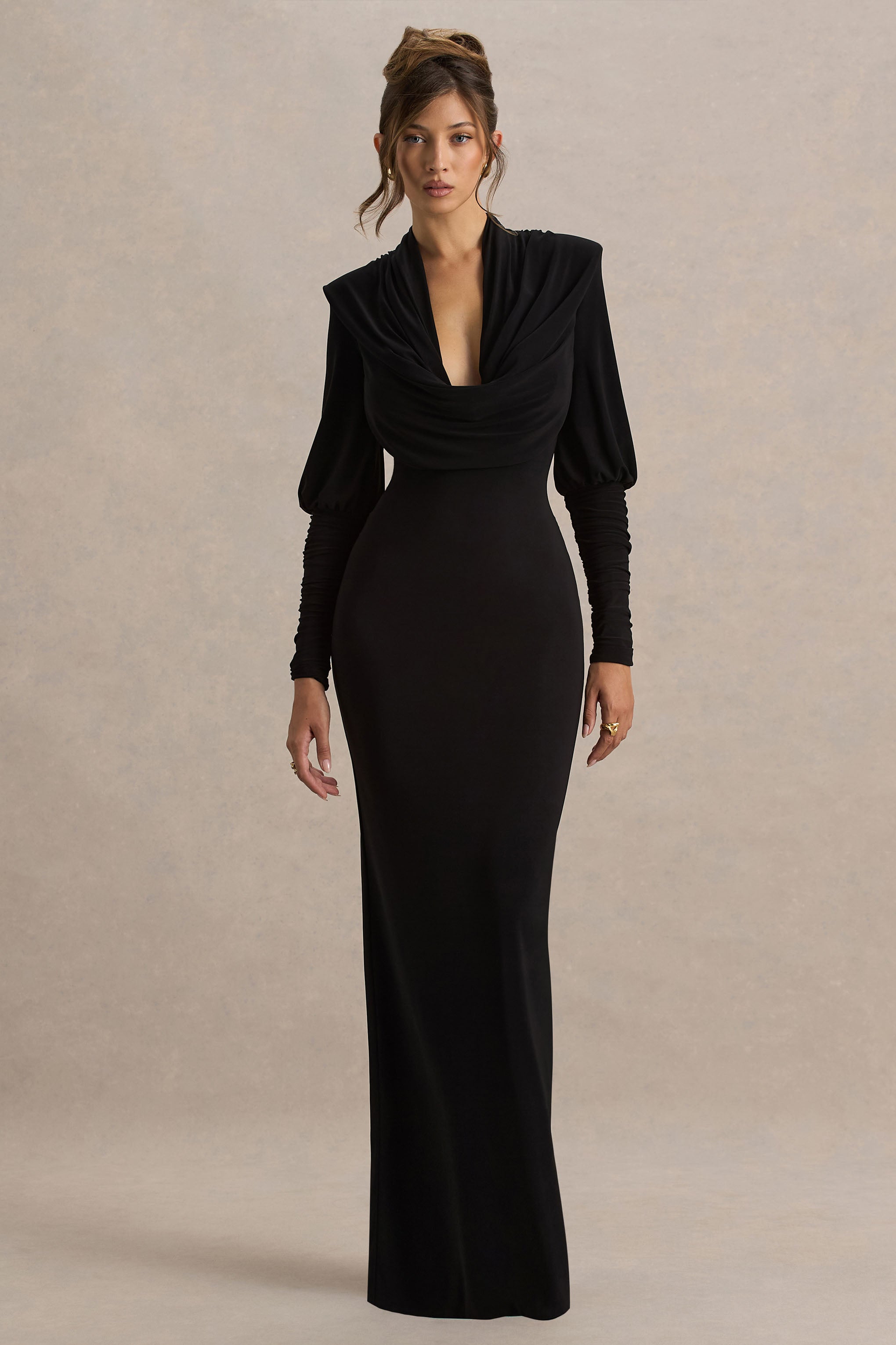 black cowl neck long sleeve dress Indi Chic Contour Cowl Neck Long Sleeve Belted Maxi Dress