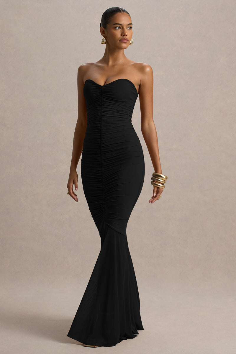 Talisa Black Bandeau Ruched Maxi Dress With Mesh Fishtail  Club L London -  USA