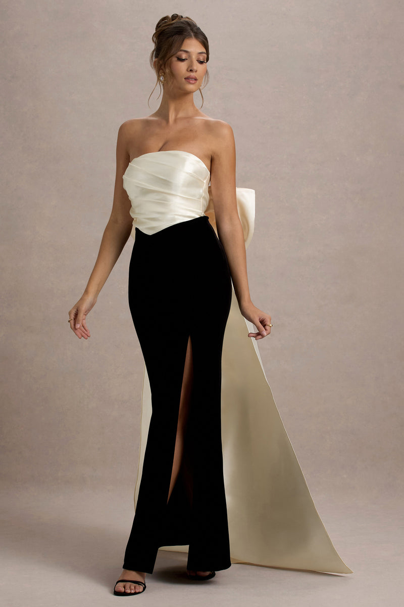 Take A Bow Black & Cream Velvet Strapless Maxi Dress With