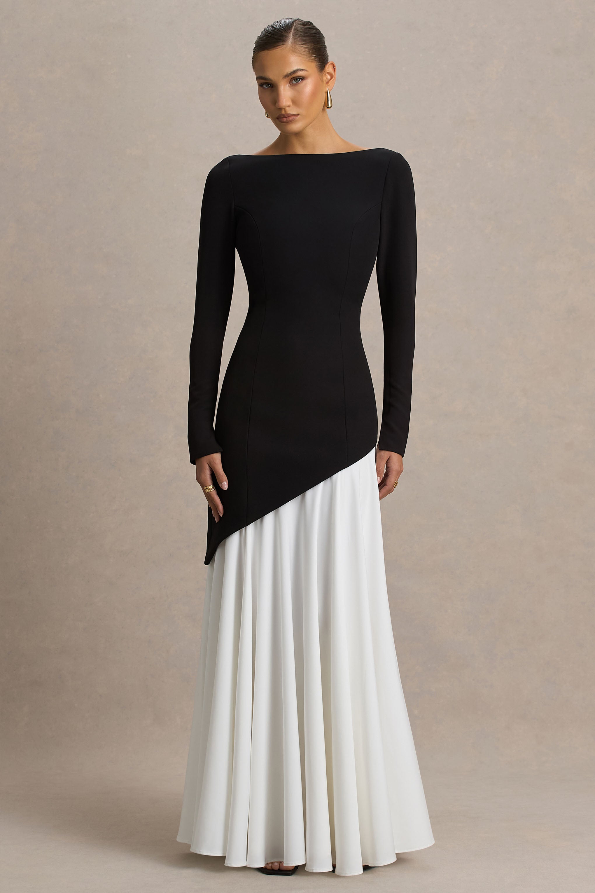 Caty | Black And White Long-Sleeved Maxi Dress With Asymmetric Drop-Waist
