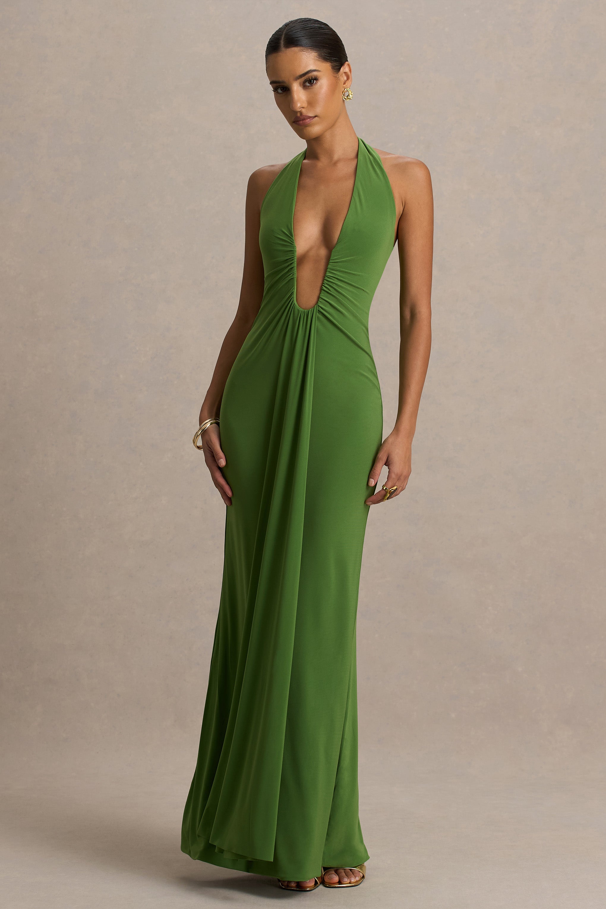 jet set club green dress Hera | Green Extreme Plunge Maxi Dress With Ruched Detail