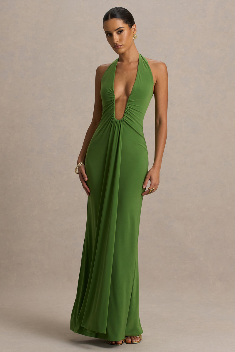 Hera Green Extreme Plunge Maxi Dress With Ruched Detail Club L London - USA Hera Green Extreme Plunge Maxi Dress With Ruched Detail Club L London - USA