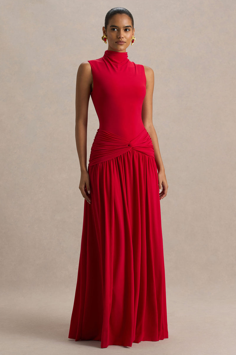Racing Red Contrast Embroidered Detail Cinched Waist Tiered Long Sleeve Maxi Dress