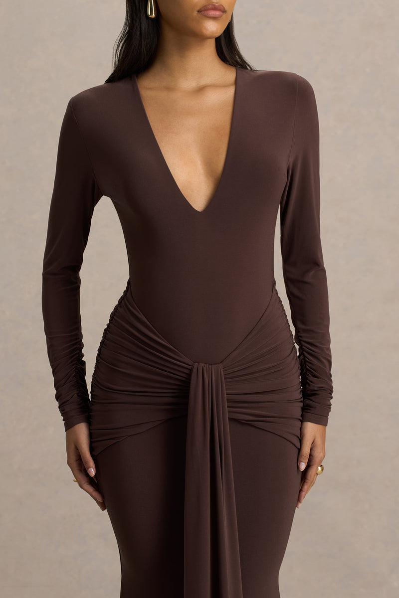 Saffie Chocolate Extreme-Plunge Wrap Maxi Dress With Long-Sleeves