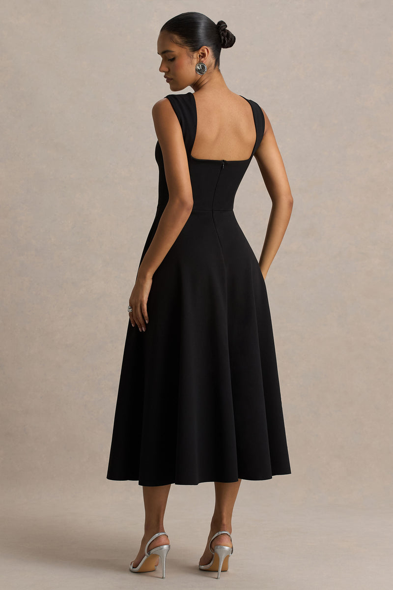Andromeda Black Sweetheart-Neck Midi Dress – Club L London
