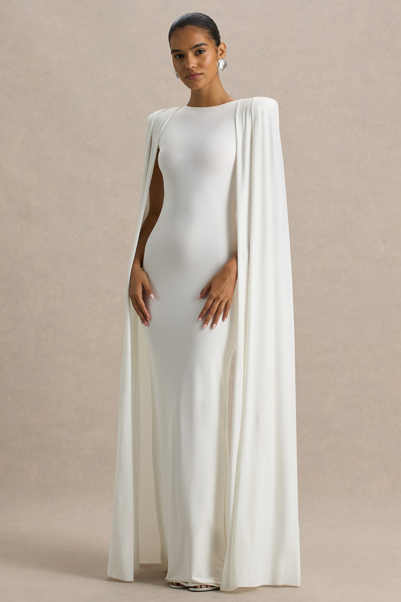 Mimi White Slashed-Neck Maxi Dress With Cape Sleeve Detail
