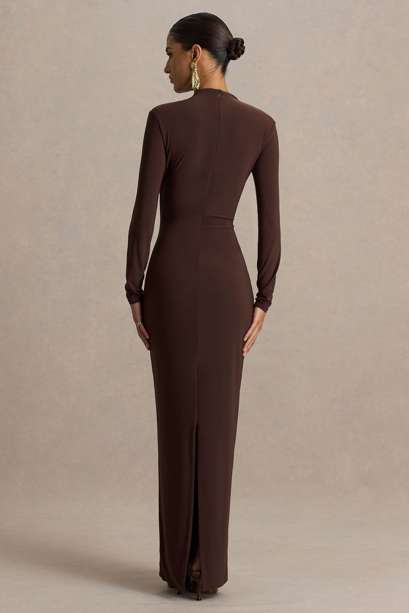 Zadie Brown High-Neck Maxi Dress With Gathered-Detail – Club L