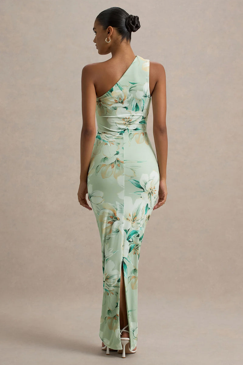 Dalarie Green Floral Print One-Shoulder Gathered Maxi Dress Club L London - USA Dalarie Green Floral Print One-Shoulder Gathered Maxi Dress Club L London - USA