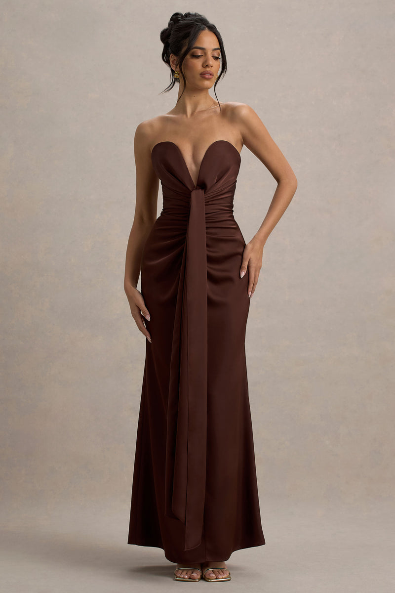 Mackenzie Brown Satin Plunge-Neck Draped Maxi Dress – Club L London Mackenzie Brown Satin Plunge-Neck Draped Maxi Dress – Club L London