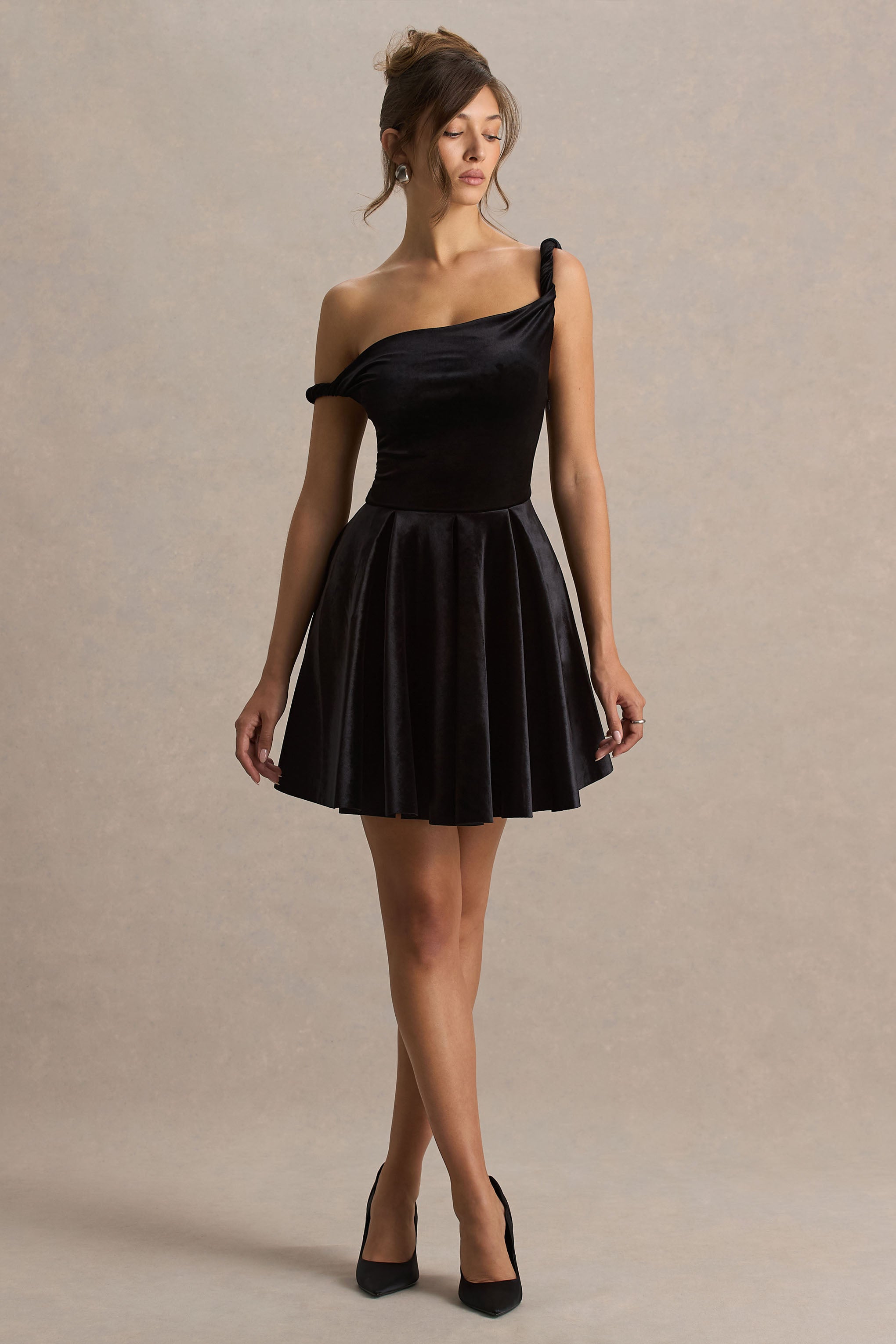 Leticia | Black Asymmetric-Neck Velvet Mini Dress With Twist