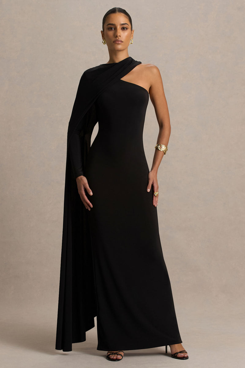 Dawn Black High-Neck Maxi Dress With One Long Cape-Sleeve – Club L