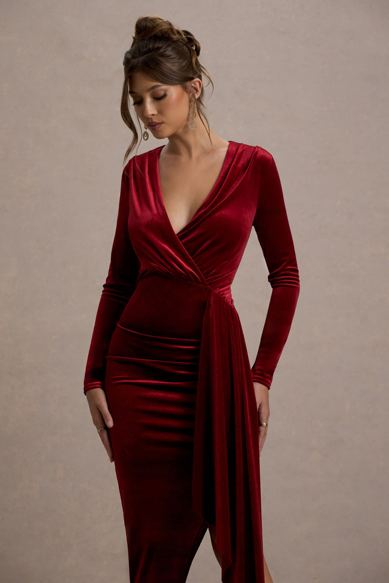 Arcadia Berry Velvet Plunge-Neck Wrap Midi Dress – Club L London