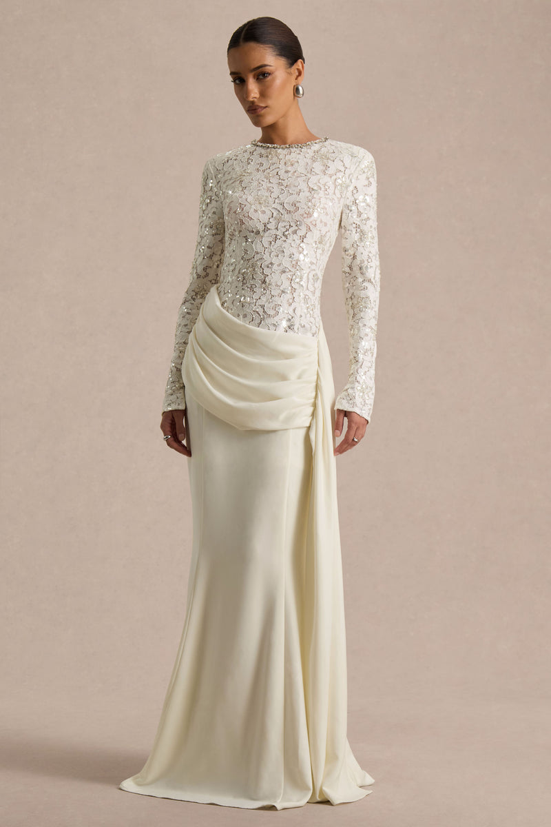 Beau Ecru Lace Embellished Crew-Neck Maxi Dress With Draped Detail – Club L  London