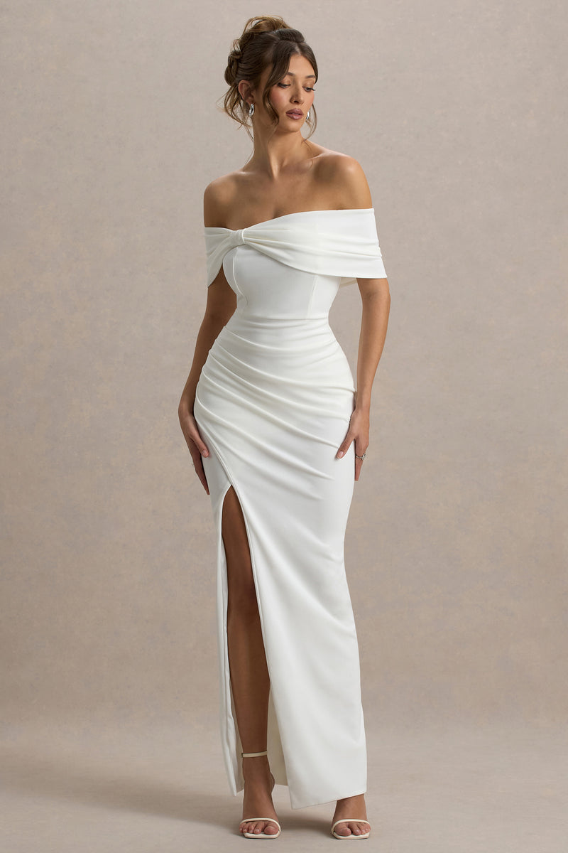 Eva White Bardot Bow Detail Maxi Dress With Thigh Split