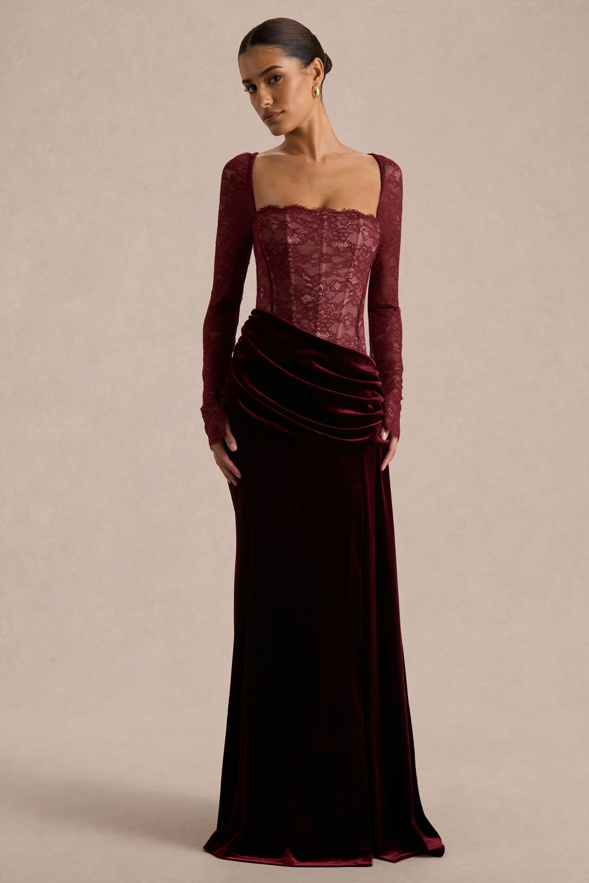 Finesse | Burgundy Lace And Velvet Square-Neck Maxi Dress With
