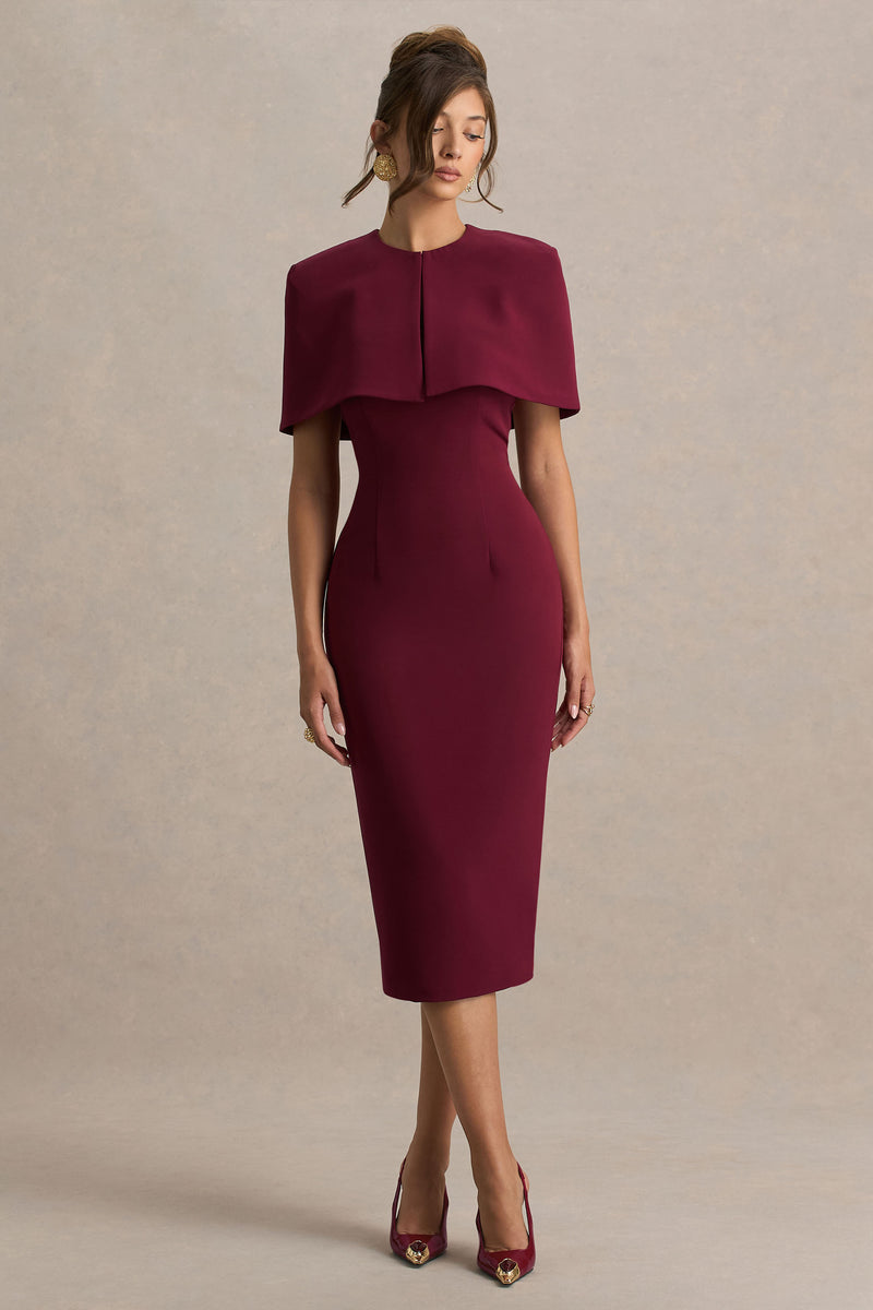 knee length dresses for ladies Jenna Burgundy Peplum-Sleeve Lace Midi Dress
