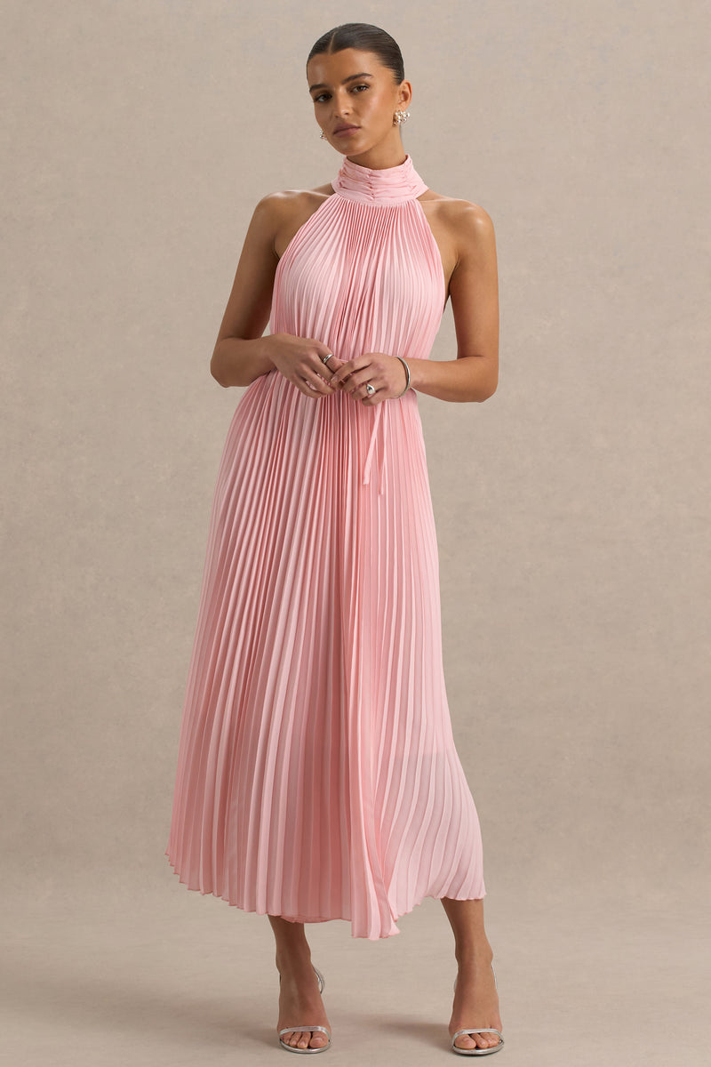 Tulip Blush Pink Pleated High-Neck Midi Dress – Club L London