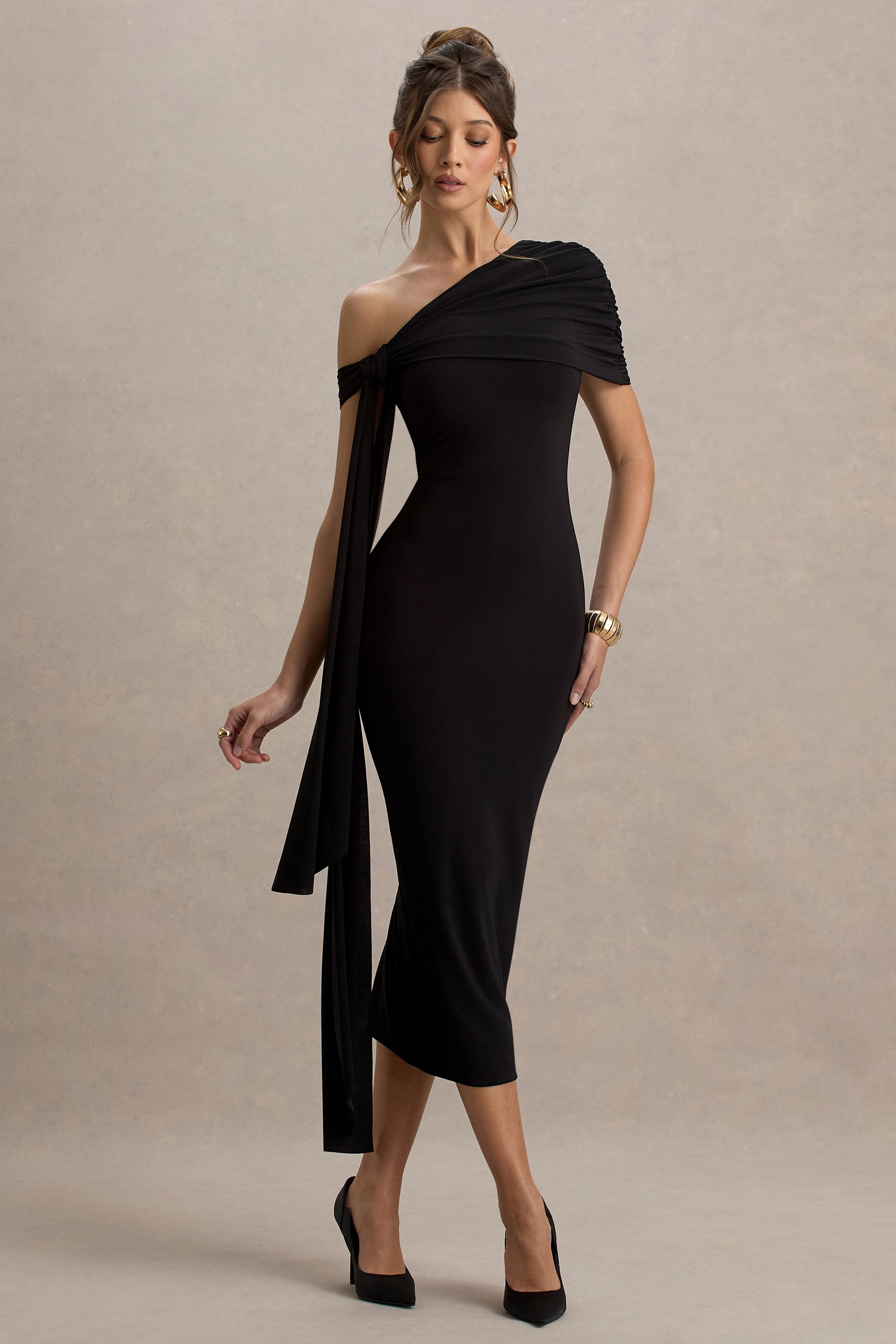 a line black long dress Praia | Asymmetric-Neck Maxi With Sash and Draped Detailing Equestria Girls | Twilight Line formal dress by child:Secret Garden Color:Nude White