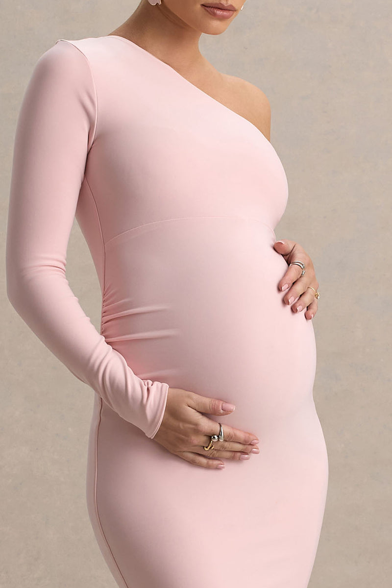 pink long sleeve maternity dress Heloise Pink Asymmetric One-Sleeve Maternity Maxi Dress – Club L London