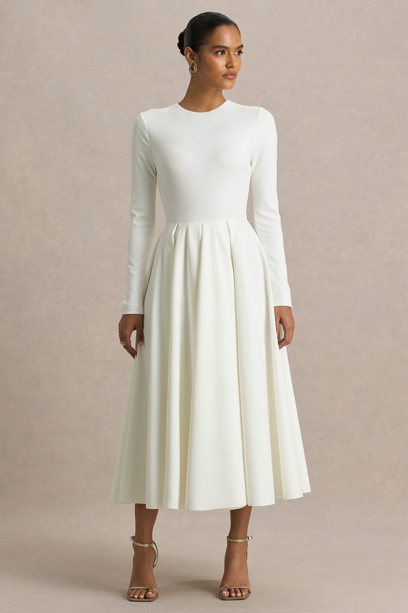 sam edelman clarence long-sleeve v-neck midi dress Bellamy | Cream Crew-Neck Long Sleeve Midi Dress