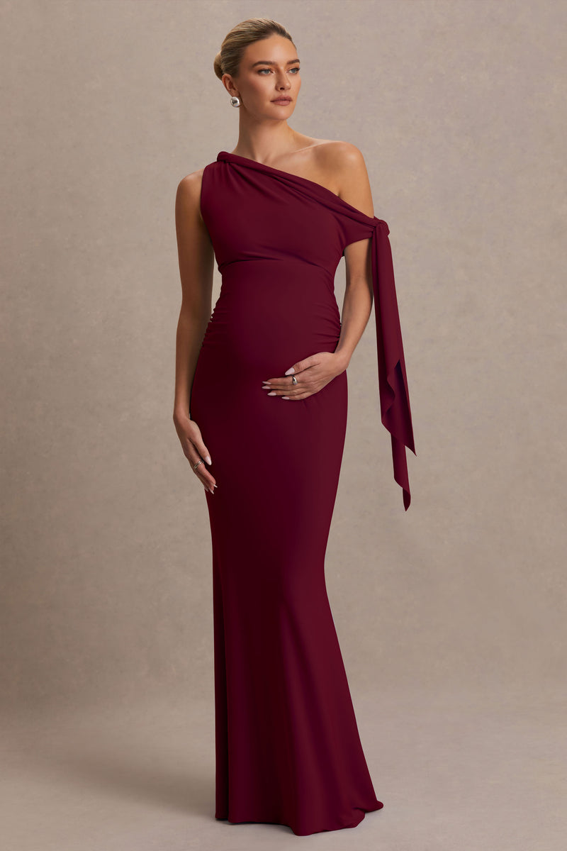 Orielle Burgundy Asymmetric-Neck Maternity Maxi Dress With Knot-Slee