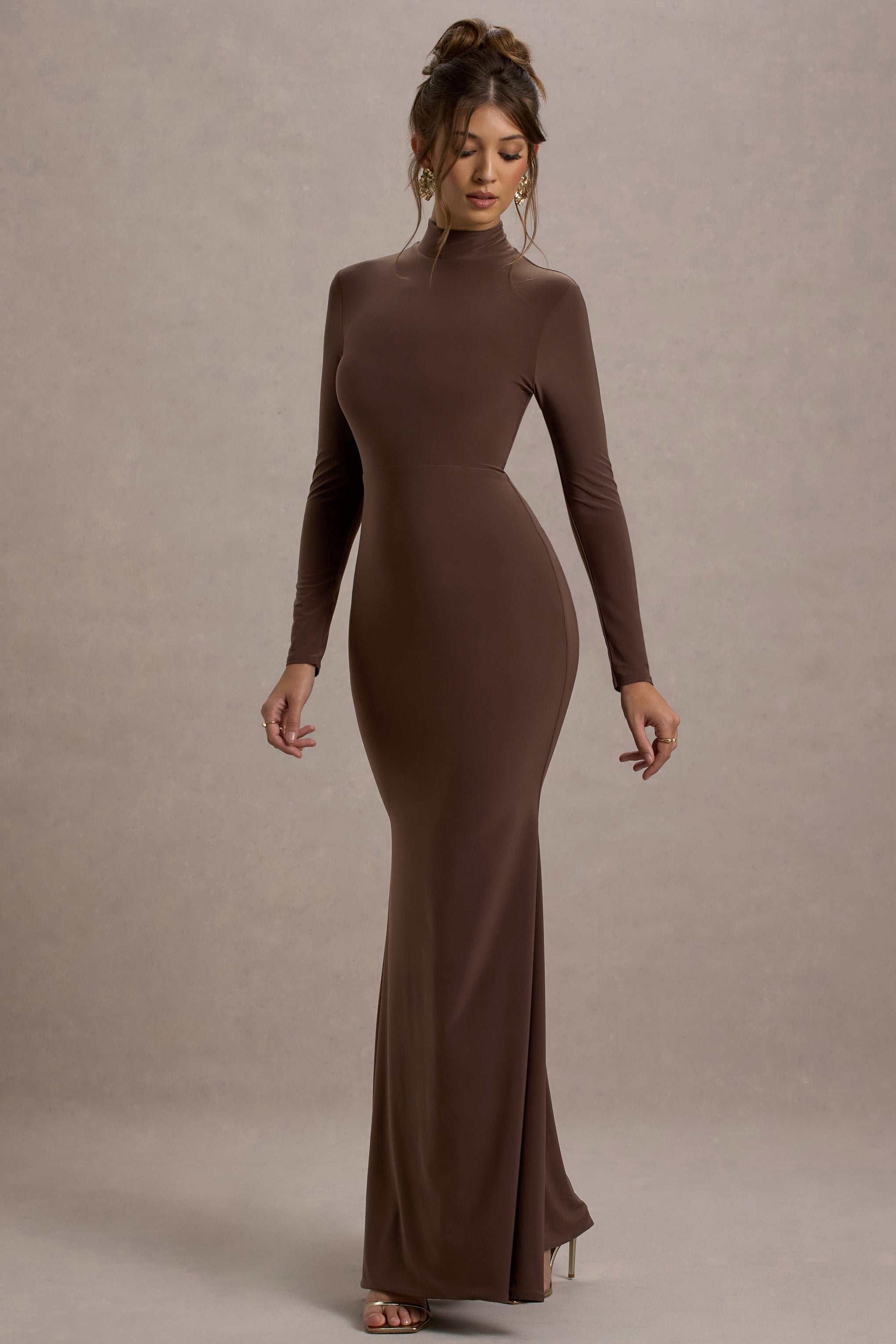 Tova | Chocolate High-Neck Long-Sleeve Maxi Dress – Club L London