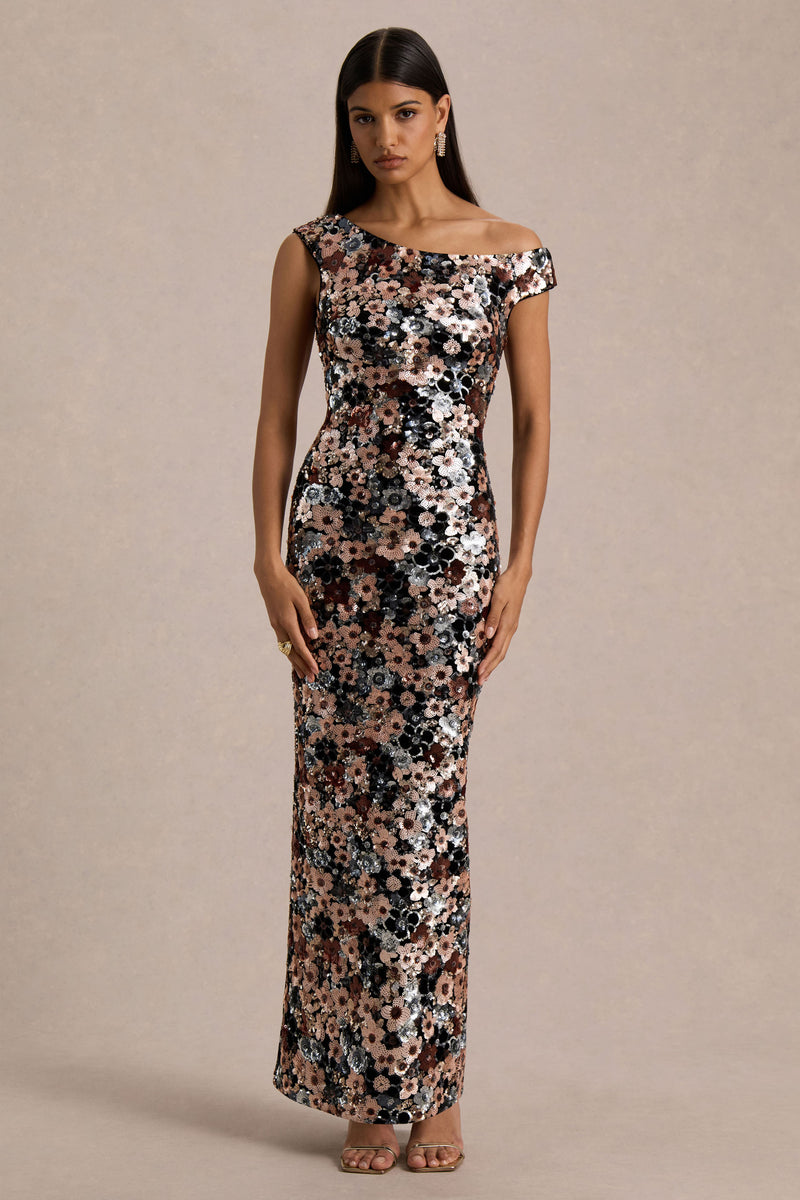 Electric Black Velvet & Embellished Sequin Floral Asymmetric-Neck Ma Club L London - USA Electric Black Velvet & Embellished Sequin Floral Asymmetric-Neck Ma Club L London - USA