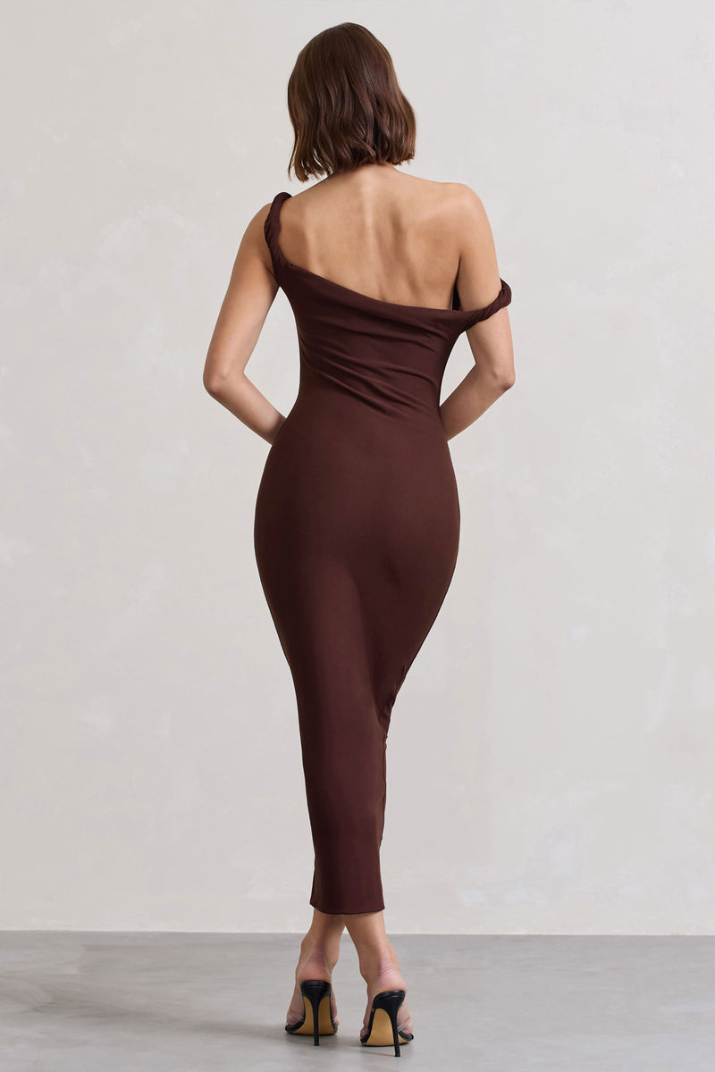 Salome | Chocolate Brown Twisted Asymmetric Midi Dress - UK 12 Chocolate DRIZZLE Salome | Chocolate Brown Twisted Asymmetric Midi Dress - UK 12 Chocolate DRIZZLE