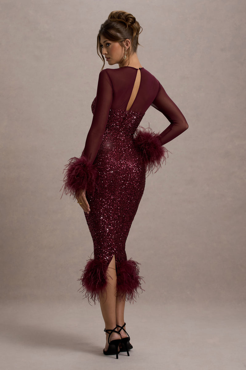 Sequin popular Round Neck Feather Trim Slit Dress