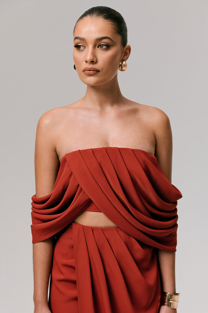Talika Terracotta Bardot Crop-Top With Draped Sleeves – Club L