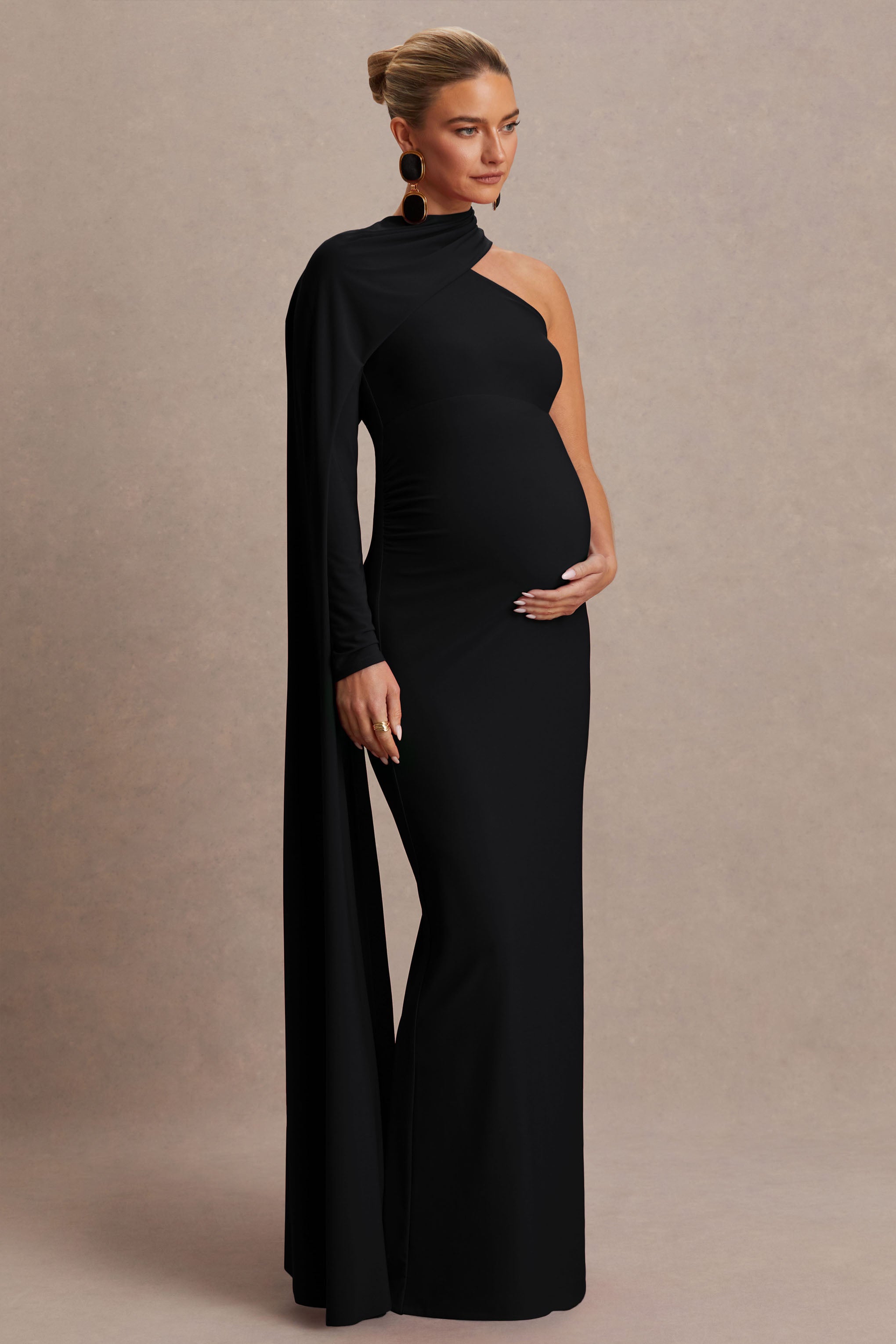 black floor length maternity dress Tessy | Asymmetric-Neck Maxi With Cape-Sleeve Plaid A-Line Dress for it’s the kind of ball gown dress for woman SIZE:13