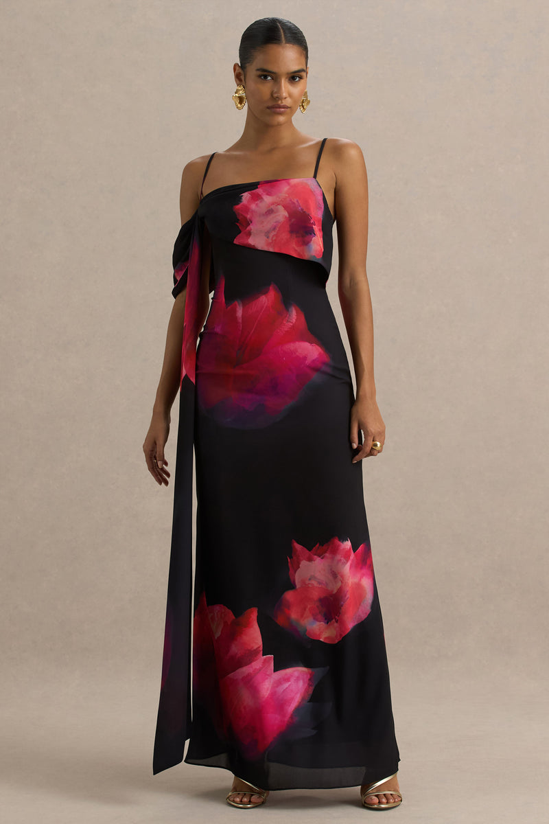 Leonara Black And Pink Floral Print Cowl-Neck Maxi Dress With One-Sl