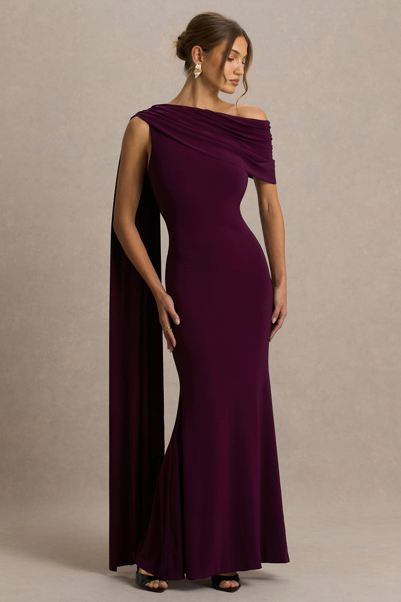 Tiana Dark Plum Asymmetric-Neck Maxi Dress With Draped Detail – Club L  London