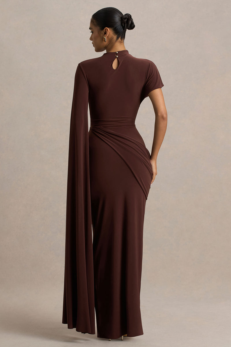 Tropic | Brown High-Neck Maxi with Long Cape Sleeve