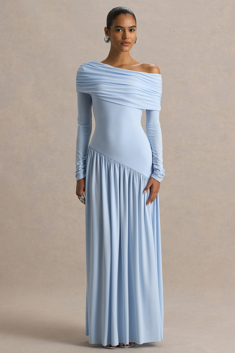 Farah Powder Blue Asymmetric-Neck Maxi Dress With Drop Waist And Ruc